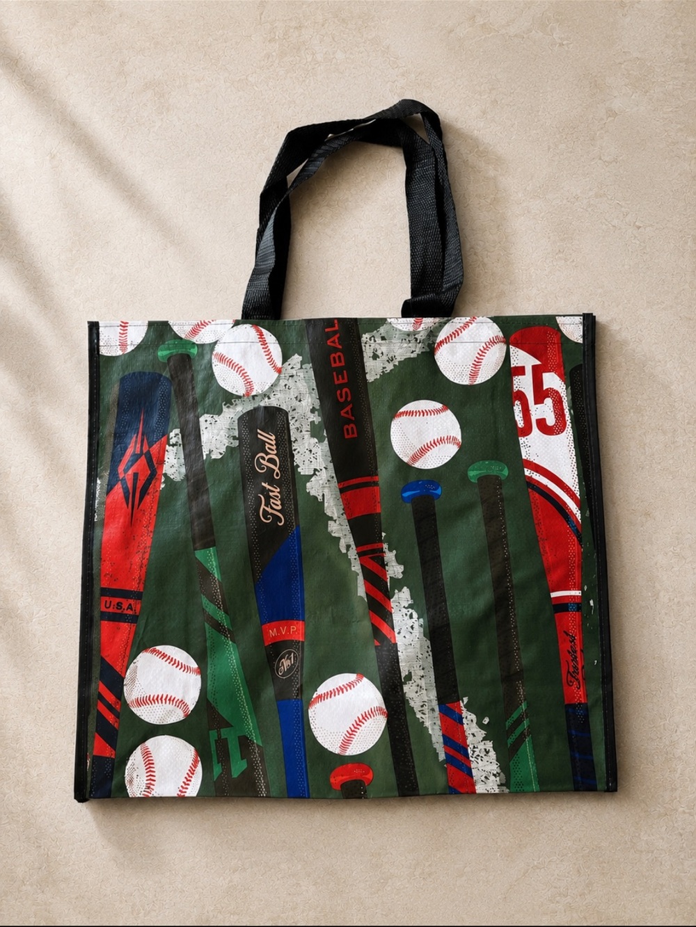 Baseball print reusable tote bag